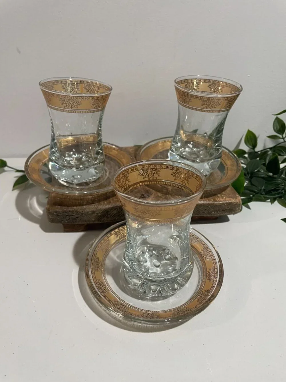 Turkish Tea Glasses With Gold Trim & Matching Saucers - Elegant Design Set Of 3